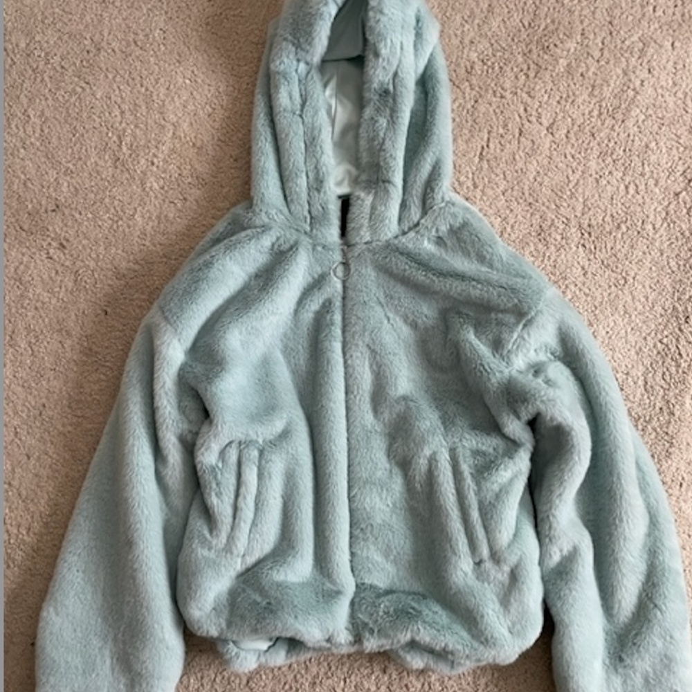FOREVER 21 Mint SILKY FLEECE Hooded Faux FUR Jacket MEDIUM